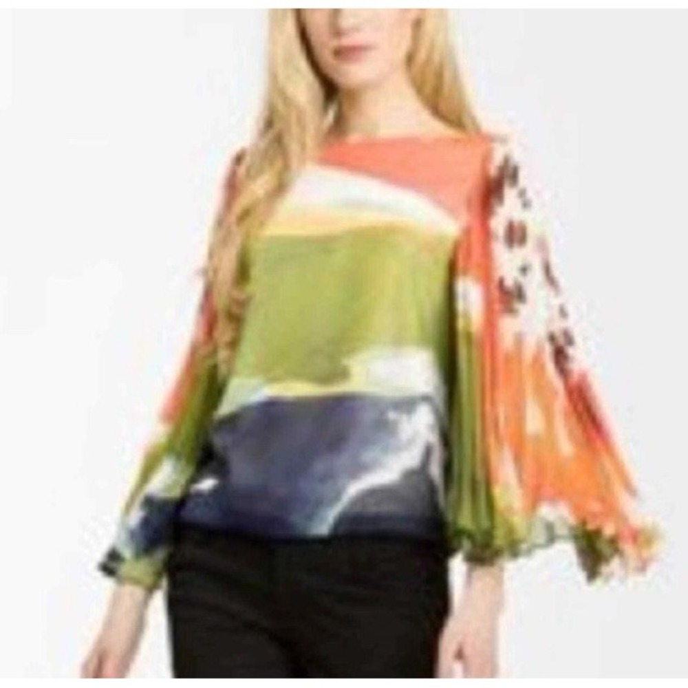 Alice + Olivia Womens XS Blouse Pleated Bell Sleeve Abstract Print Sheer Boho